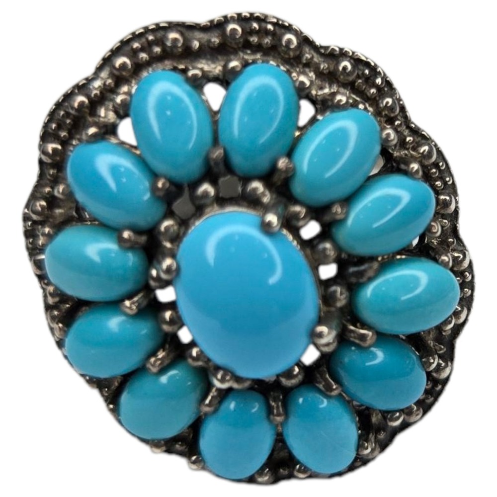 NF Ring 925 Sterling Silver Size 9 Blue Faux Turquoise Flower Statement NF925